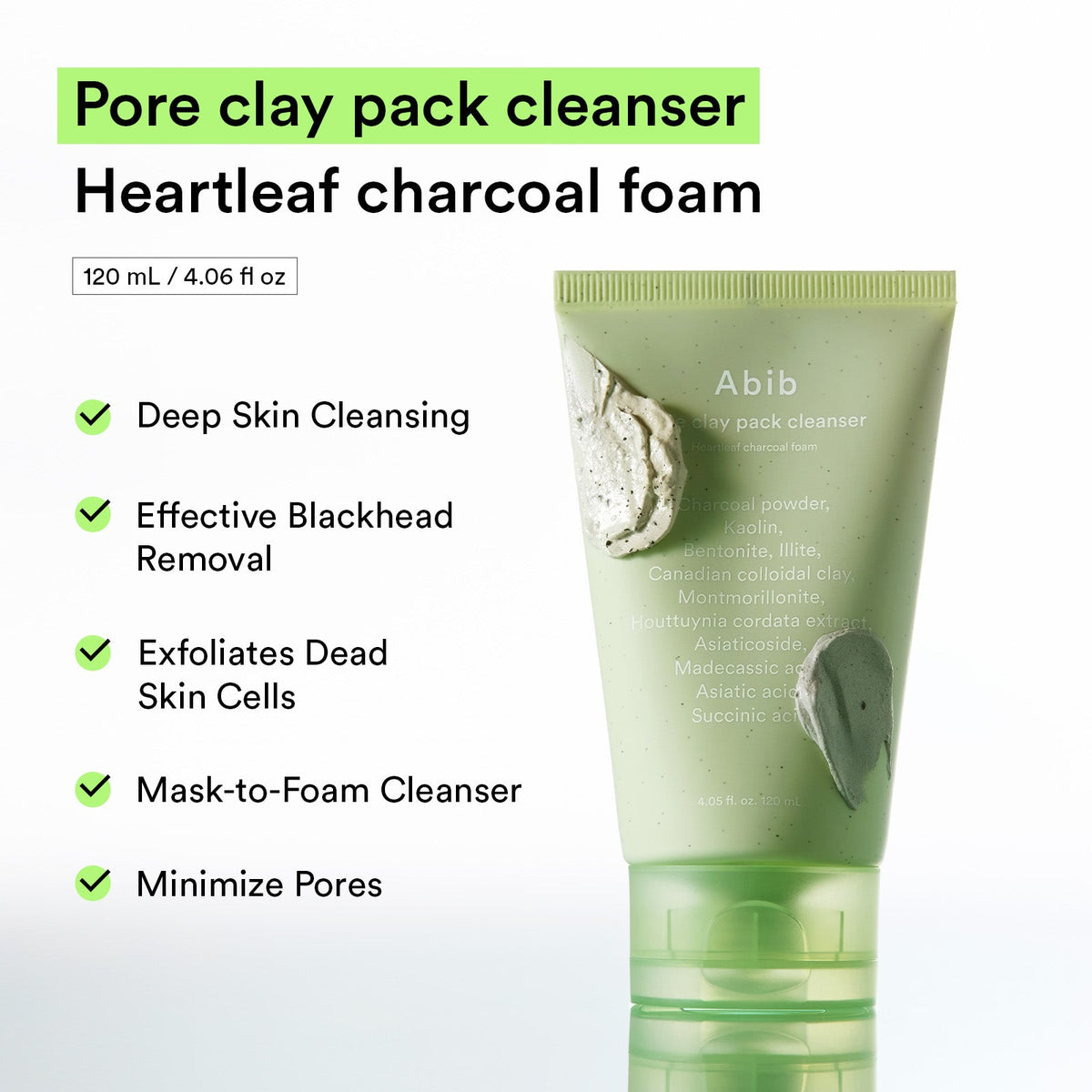 Abib Pore Clay Pack Cleanser Heartleaf Charcoal Foam – Nettoyant masque argile et charbon 120 ml