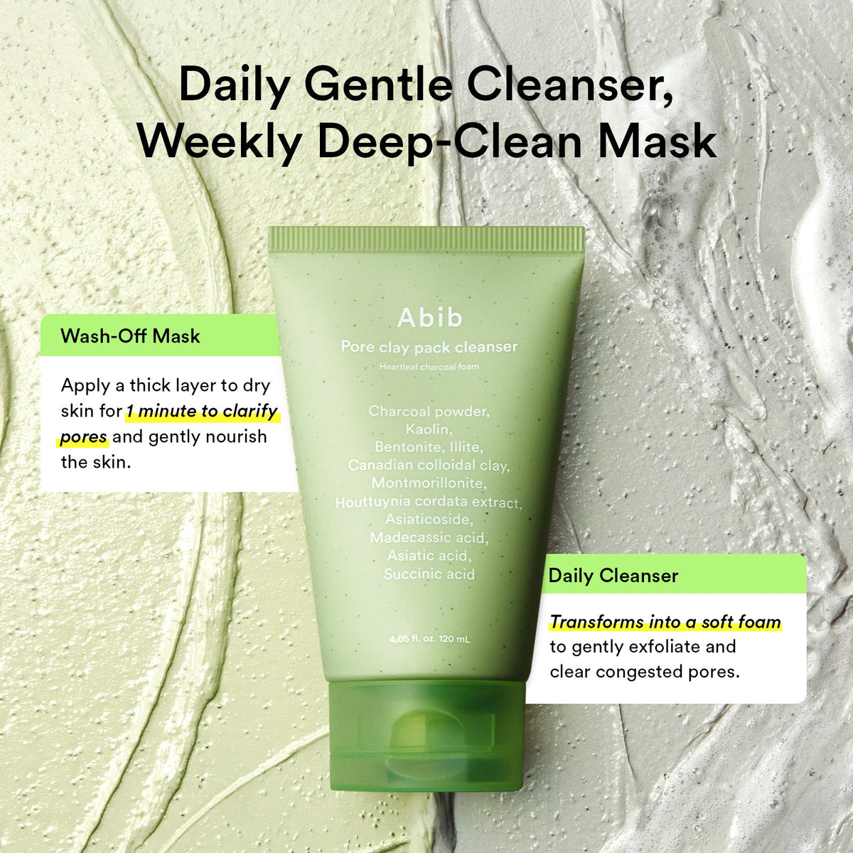 Abib Pore Clay Pack Cleanser Heartleaf Charcoal Foam – Nettoyant masque argile et charbon 120 ml